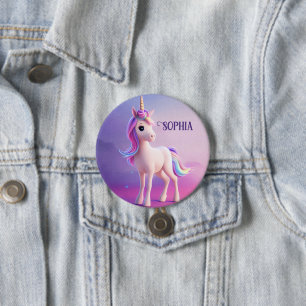 Cute White Unicorn med Rosa och Blue Mane Knapp
