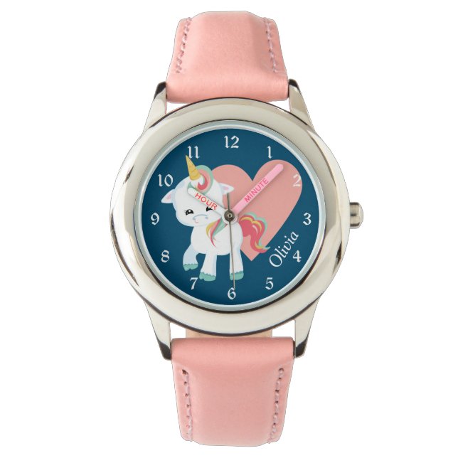Cute White Unicorn Rosa Heart Armbandsur (Framsida)