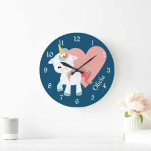 Cute White Unicorn Rosa Heart Personlig Nursery Stor Klocka