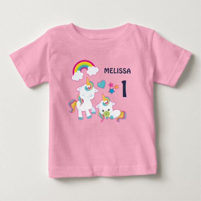 Cute White Unicorns Magic Mamma & Baby Birthday T Shirt (Framsida)