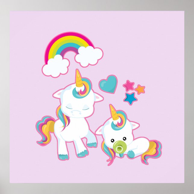 Cute White Unicorns Magic Mamma & Baby Poster (Framsidan)