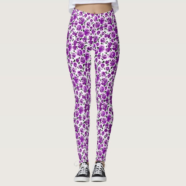 Cute white violet ro mönster leggings (Framsida)