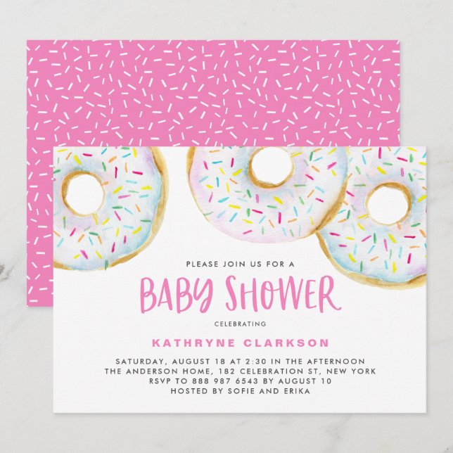 Cute White Watercolor Donuts Girl Baby Shower Inbjudningar (Fram/baksida)