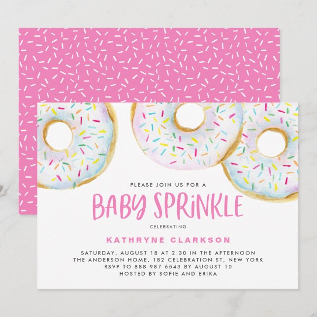 Cute White Watercolor Donuts Girl Baby Sprinkle Inbjudningar (Fram/baksida)
