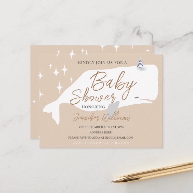 Cute White Whale Baby Shower Beige Invitation  Vykort (Fram/Back In Situ)