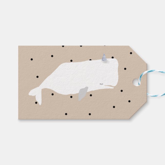 Cute White Whale Baby Shower Neutralt Beige Presentetikett (Framsidan (Horisontell))