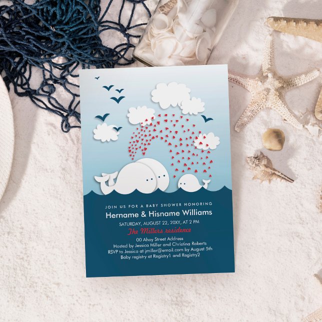 Cute White Whales Par Baby Shower Inbjudan (Skapare uppladdad)