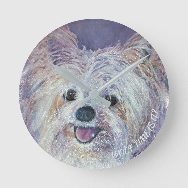 CUTE WHITE YORKIE MIX RUND KLOCKA (Framsida)