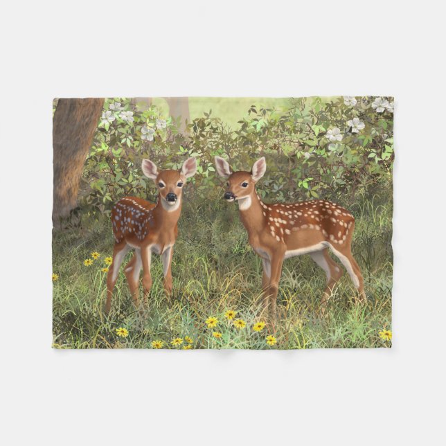Cute Whitetail Hjort Twin Fawns Fleecefilt (Framsidan (Horisontell))
