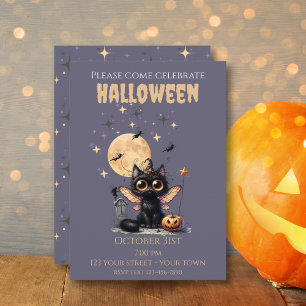 Cute Wide Eyed Winged Fairy Black Cat Halloween Inbjudningar