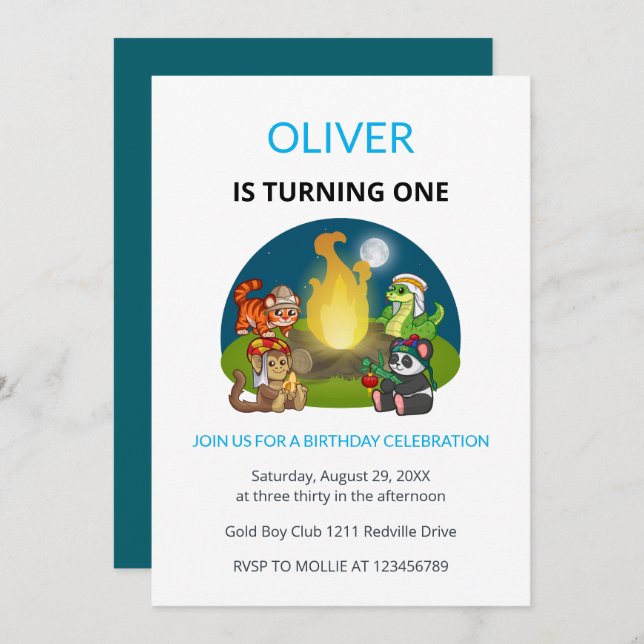 Cute Wild Animals Campfire Kids First Birthday Inbjudningar (Fram/baksida)