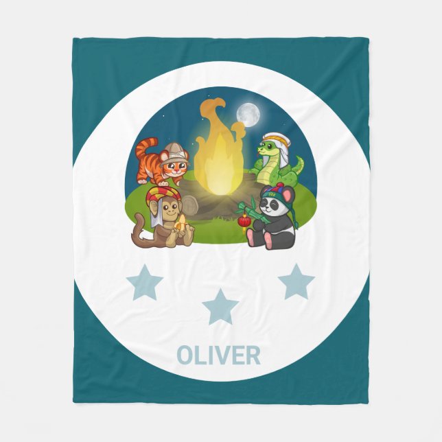 Cute Wild Animals Jungle Night Camping Party Kids Fleecefilt (Framsidan)