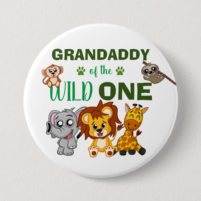 Cute Wild One Jungle Safari Zoo Animal Grandaddy Knapp (Framsida)