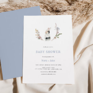 Cute WildblomBunny Dusty Blue Baby Shower Inbjudningar