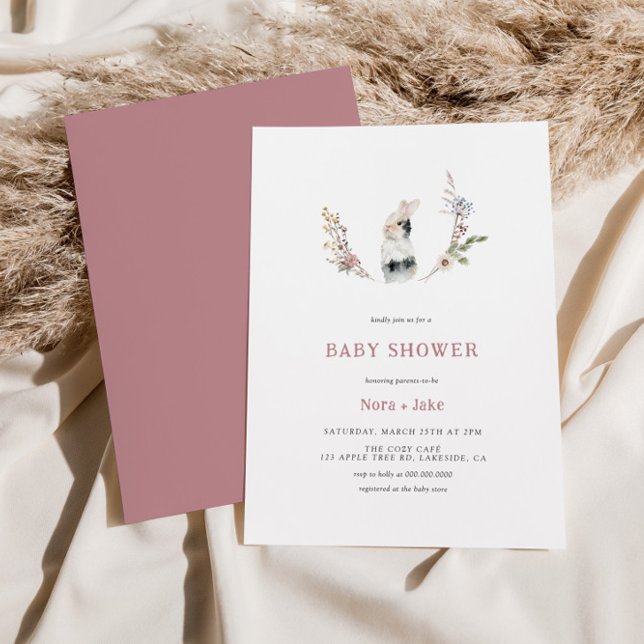 Cute WildblomBunny Dusty Ro Baby Shower Inbjudningar (Skapare uppladdad)