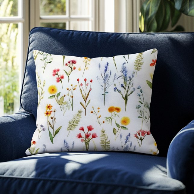 Cute Wildblomma Watercolor Botanical Summer Kudde (Cute Wildflower Watercolor Botanical Summer Throw Pillow)