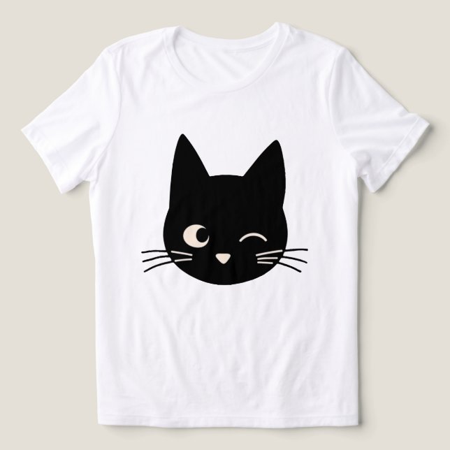 Cute Winking Black Cat Ansikte T Shirt (Design Framsida)