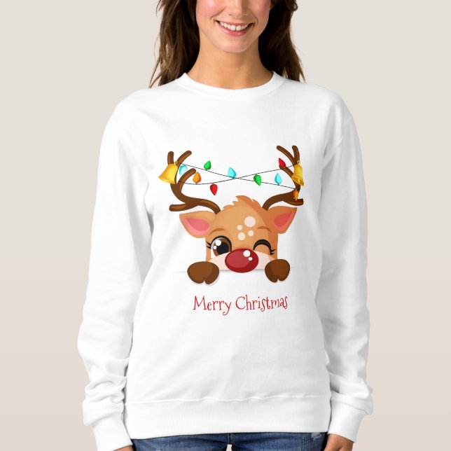 Cute Winking Reindeer Christmas Lights T Shirt (Framsida)