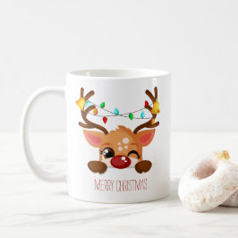 Cute Winking Rudolf Reindeer med julen Ljus Kaffemugg