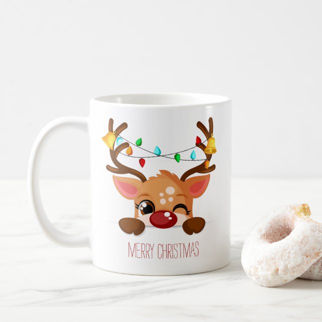 Cute Winking Rudolf Reindeer med julen Ljus Kaffemugg (Med munk)