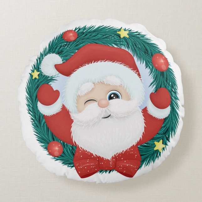 Cute Winking Santa Rund Kudde (Framsidan)