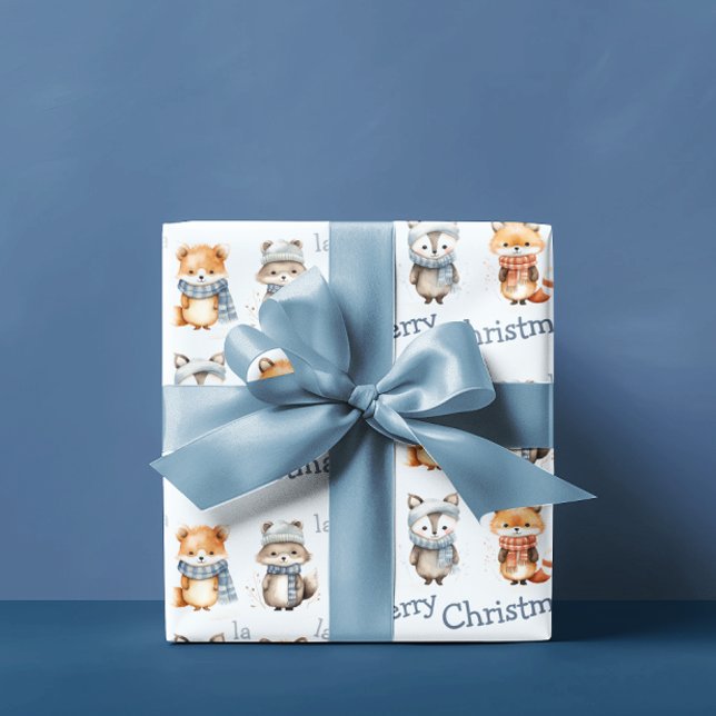 Cute Winter Animals Blue Fa La God jul Presentpapper (Skapare uppladdad)