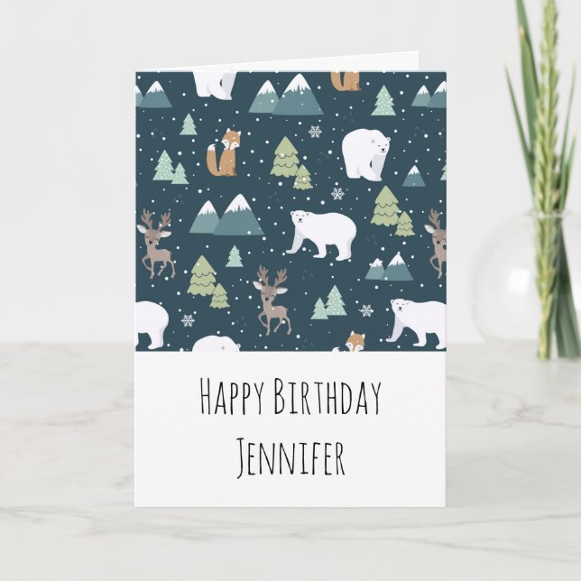 Cute Winter Animals Mönster Rustic Birgday Kort (Framsida)