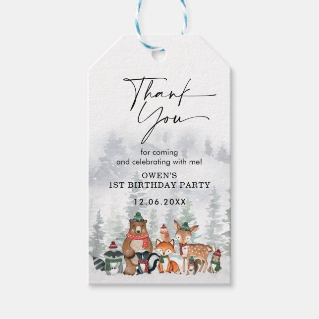 Cute Winter Animals Woodland Onederland Birthday Presentetikett (Framsidan)