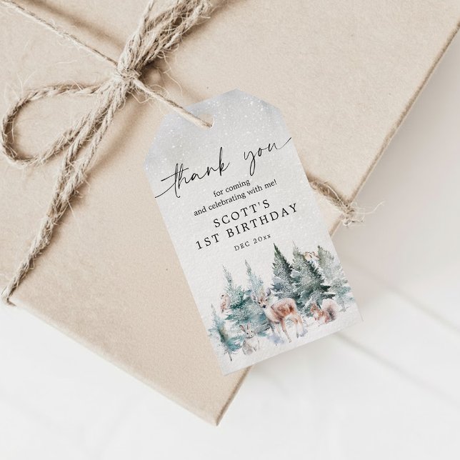 Cute Winter Animals Woodland ONEderland Birthday Presentetikett (Skapare uppladdad)