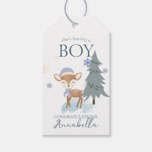 Cute Winter Baby Hjort Boy Fawn Presentetikett