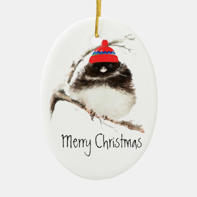 Cute Winter Bird i Hat, jul, Humor, Junco Julgransprydnad Keramik (Framsidan)