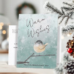Cute Winter Bird Watercolor Warm Önskemål Helg Vykort<br><div class="desc">Förtjusa dina kära med det här fina personligen digitala vykortet för vattenfärger! Med en originalillustration av en liten, rund fågel i ett vinter-y-gren fångas säsongens mysiga charm. Texten "Varm Önskemål" lägger till en skarp tryckning och du kan enkelt anpassa fram- och baktext med hjälp av den bekväma mallen för online....</div>