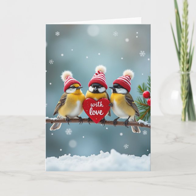 Cute Winter Birds Knit Hat Greeting Card Kort (Framsida)