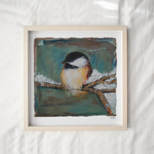 Cute Winter Black Ccap Chickadee Art Skriv ut Poster