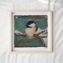 Cute Winter Black Ccap Chickadee Art Skriv ut