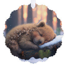 Cute Winter Brown Bear som sover på en logg