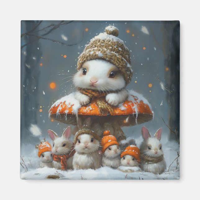 Cute Winter Bunnies med Mushroom Fridge Magnet (Framsidan)
