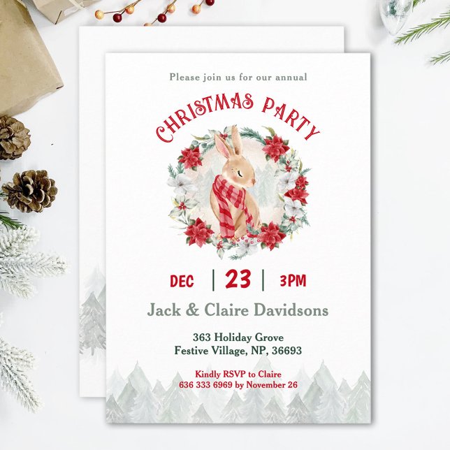Cute Winter Bunny Poinsettia jul Party Inbjudningar (Cute Winter Bunny Poinsettia Christmas Party Invitation)