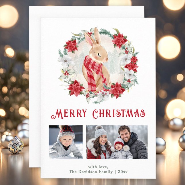 Cute Winter Bunny Poinsettia julfotkort Meddelande (Cute Winter Bunny Poinsettia Christmas Photo Card)