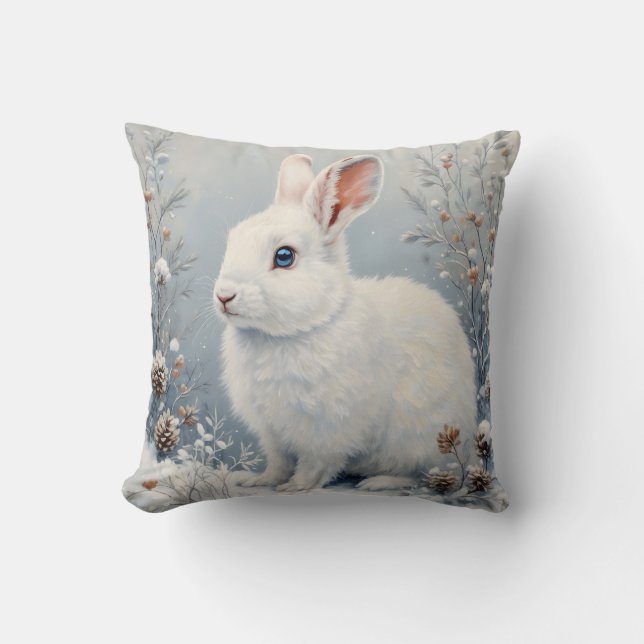 Cute Winter Bunny – White Rabbit with Blue Eyes Kudde (Framsida)