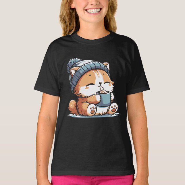 Cute Winter Cat med Beanie Mysigt Kawaii Animal T Shirt (Framsida)