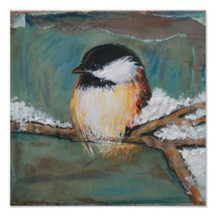 Cute Winter Chickadee Sång Bird Painting Fototryck