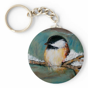 Cute Winter Chickadee Sång Bird Painting Nyckelring