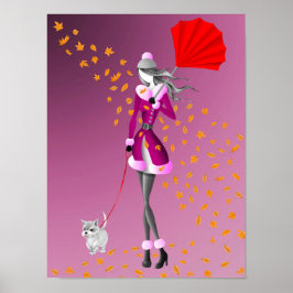 Cute Winter Duo Dam & Hund Walking på hösten Poster