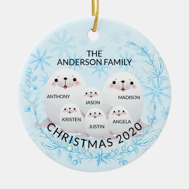 Cute Winter-familjen 6 Sälar jul Julgransprydnad Keramik (Framsidan)