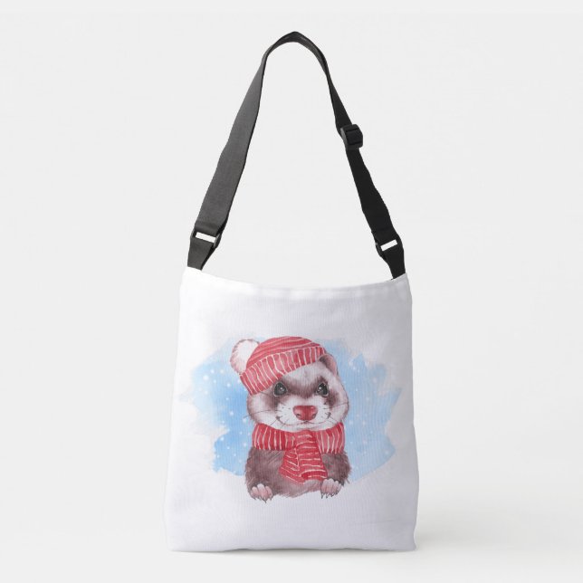 Cute Winter Ferret Watercolor Axelväska (Framsida)