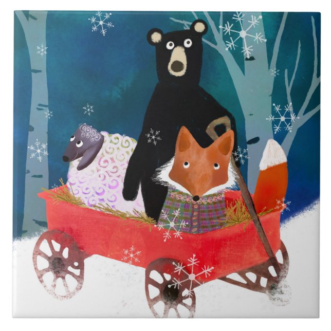 Cute Winter Friends in Red Wagon Ceramic Tile Kakelplatta (Framsidan)