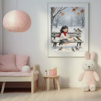 Cute Winter Girl Feeding Birds Nursery Wall Art  Poster