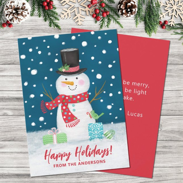 Cute Winter-Glad helg-kort för Snögubbe-jul Julkort (A cute festive holiday snowman decorates this Christmas card. Personalize it with your name.)