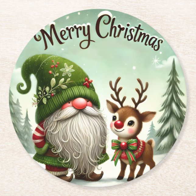 Cute Winter Gnome-jul Underlägg Papper Rund (Framsidan)